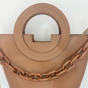Women’s Tan Bucket Bag Circular Handle Gold Chain Crossbody Shoulder Purse